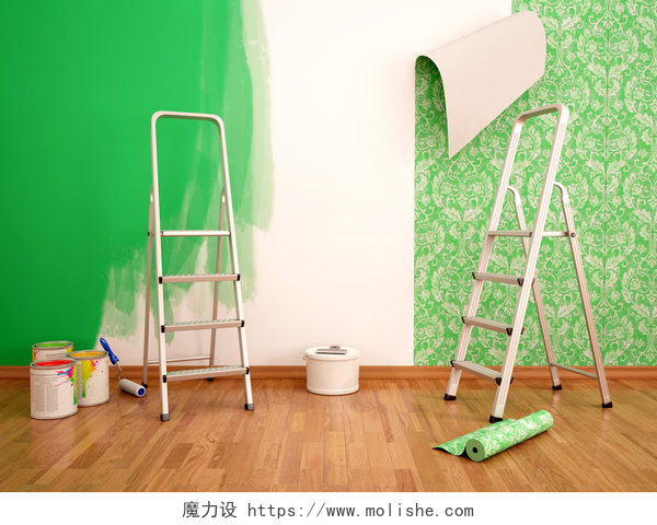 室内装修撕掉墙纸粉刷墙壁三维图的绘画墙和墙纸的绿色颜色